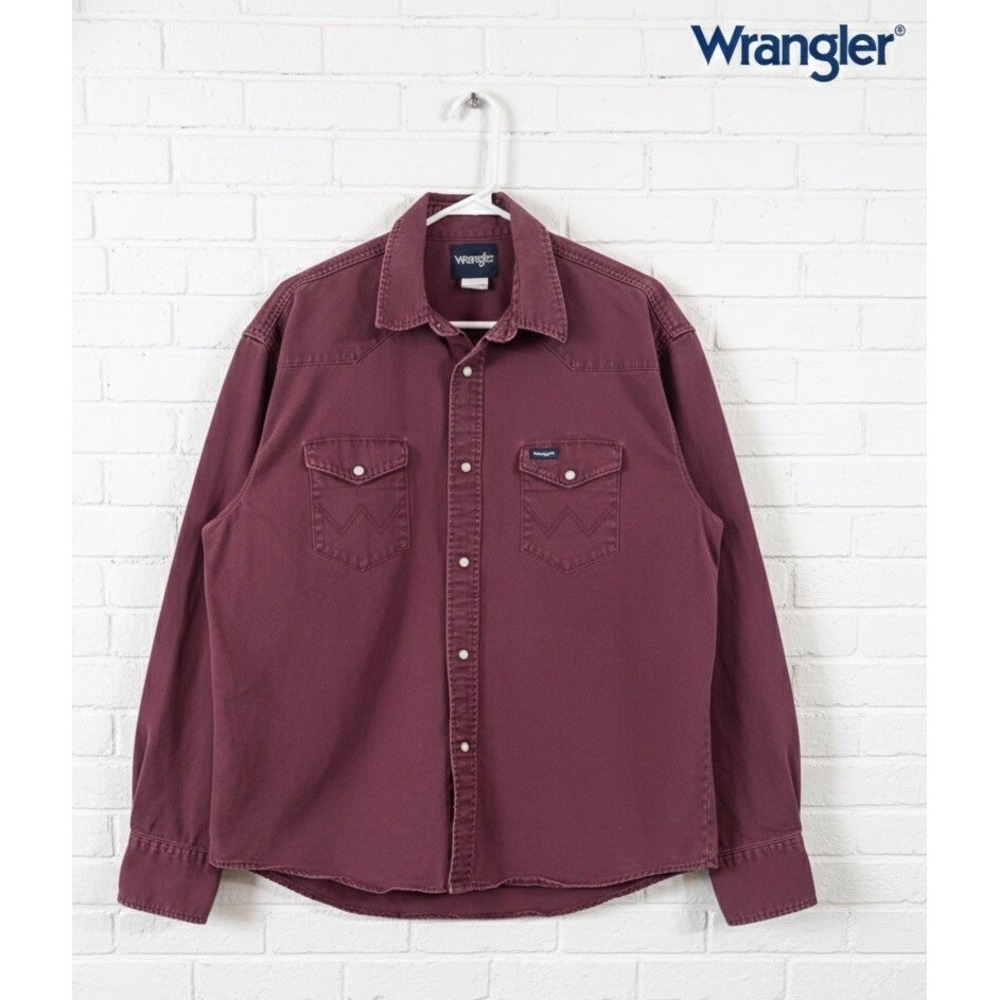 Vintage 🤠Wrangler 🔥Authentic Western Heavy Denim Shirt Maroon Pearl Snap Large